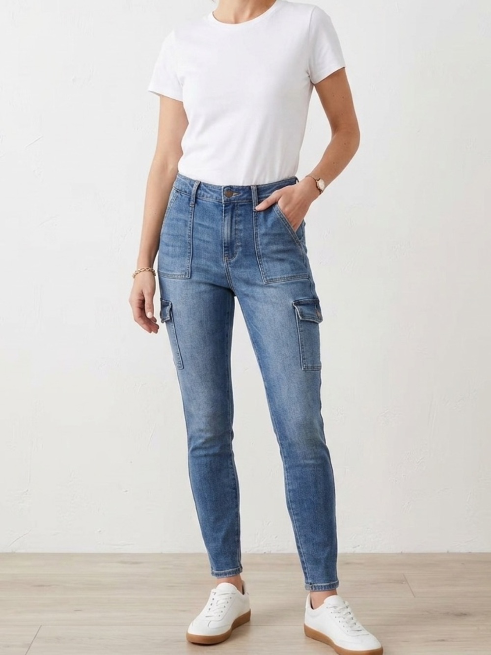 ✨CELLO Denim Cargo Jeans Medium Wash Y2K Utility Skinny Pants Streetwear Style❤️